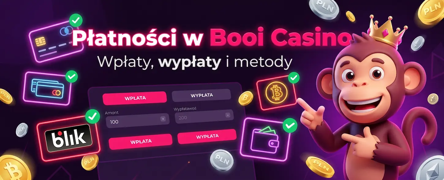 Metody płatności w Booi Casino – wpłaty i wypłaty przez BLIK, kartę, krypto i przelew bankowy.