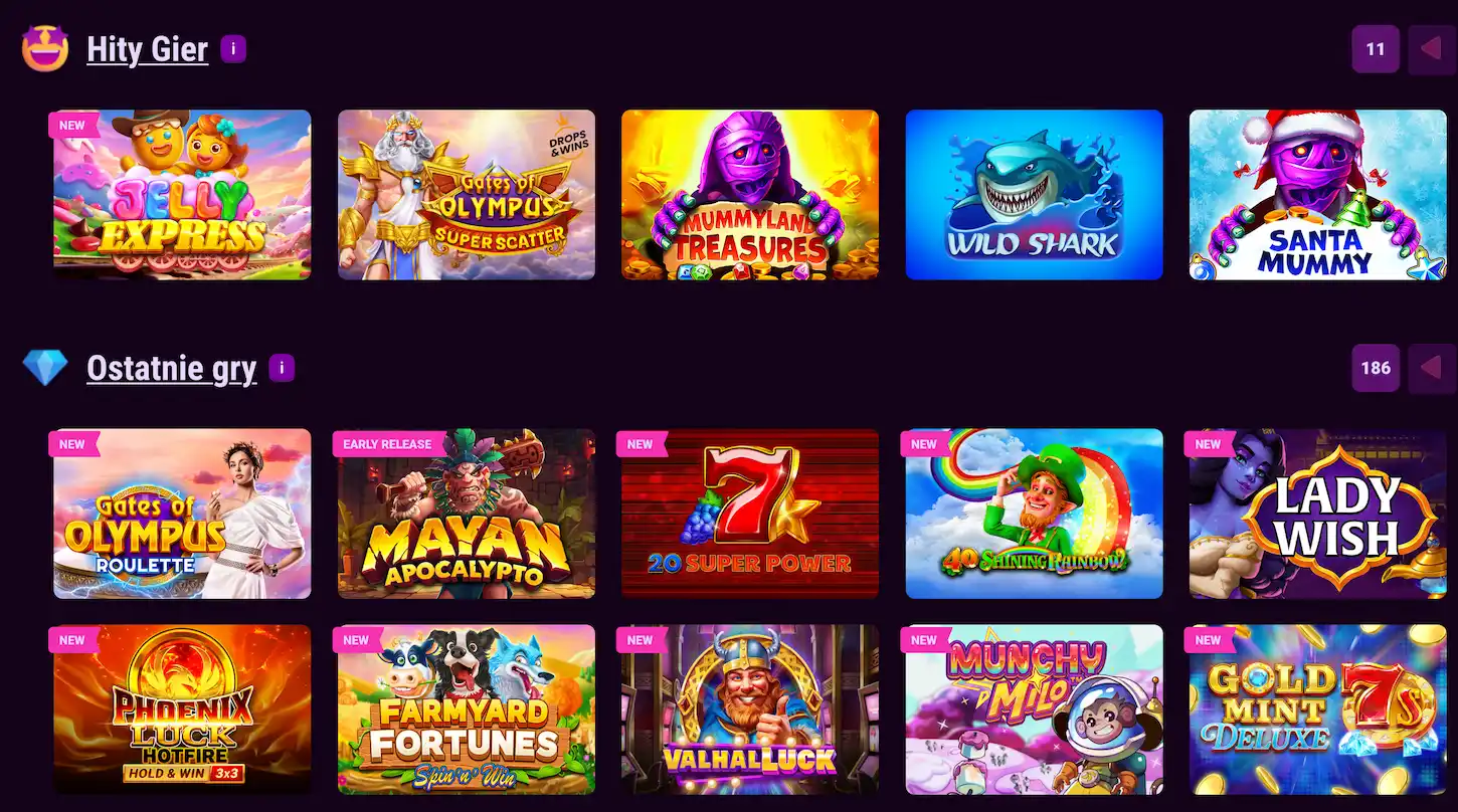 Booi Casino – lista popularnych slotów i najnowszych gier, w tym Gates of Olympus, Wild Shark i Lady Wish.